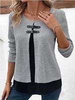 Women's Button Round Neck Fake Two Piece Knitted Top