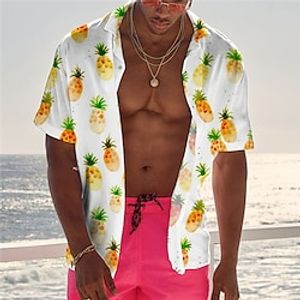 Men's Shirt Summer Hawaiian Shirt Fruit Pineapple Graphic Prints Turndown Light Yellow Yellow Purple Brown Green Street Casual Short Sleeves Button-Down Print Clothing Apparel Tropical Fashion miniinthebox