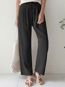 Casual Solid Color Straight Leg Elastic Waist Cotton Linen Pants