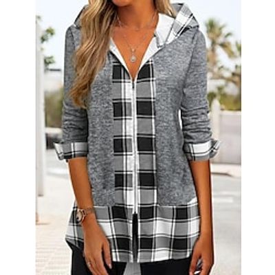 Women's Hoodie Sweatshirt Pullover Active Basic Zip Up Gray Plaid Street Hoodie Long Sleeve S M L XL 2XL 3XL Lightinthebox