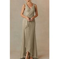 A-Line Mother of the Bride Dress Wedding Guest Sparkle  Shine Elegant V Neck Floor Length Polyester Sleeveless with Split Front Side-Draped 2023 Lightinthebox