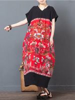 Folk Style Print Patchwork Short Sleeve V-neck Women Maxi Dress