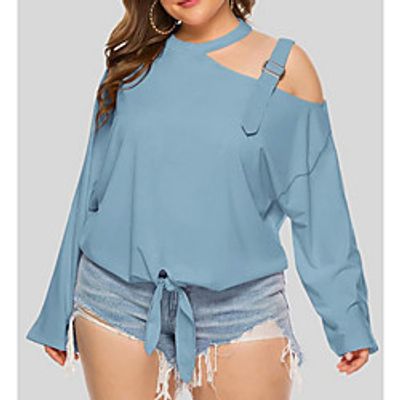 Women's Plus Size Tops Blouse Plain Solid Color Lace up Long Sleeve Halter Neck Streetwear Spring Summer Blue Blushing Pink Green Big Size XL XXL 3XL 4XL miniinthebox