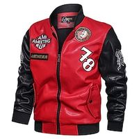 Men's Faux Leather Jacket Biker Jacket Outdoor Daily Wear Warm Fall Winter Color Block Fashion Streetwear Stand Collar Regular Red Jacket Lightinthebox - thumbnail
