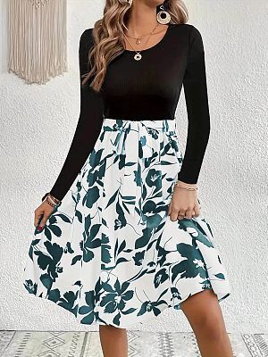 Women's Floral Print Patchwork Round Neck Long Sleeve Bow Tie Dress Party Dress