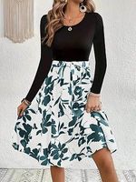 Women's Floral Print Patchwork Round Neck Long Sleeve Bow Tie Dress Party Dress - thumbnail