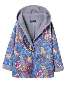 Vintage Fleece Printed Pocket Hooded Coat for Women