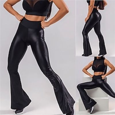 Women's Faux Leather Wide Leg Flares Quick Dry High Waist Yoga Fitness Gym Workout Pants  Black Spandex Athleisure High Elasticity Lightinthebox