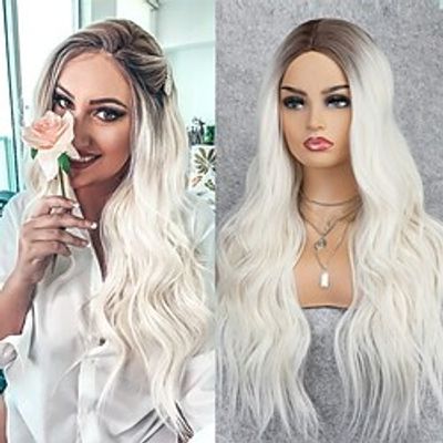 Ombre Platinum Blonde Wigs with Brown Roots Long Synthetic Wavy Wig for Women Blonde Curly Hair Heat Resistant None Lace Lightinthebox