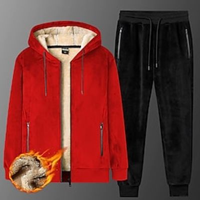 Men's Tracksuit Sweatsuit Wine Red Black Hooded Color Block Plain Zipper Pocket 2 Piece Sports  Outdoor Daily Sports Sportswear Casual Athletic Winter Clothing Apparel Hoodies Sweatshirts  Long miniinthebox