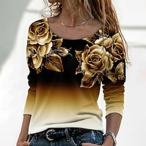 Women's T shirt Tee Black Yellow Pink Rose Color Gradient Print Long Sleeve Daily Weekend Basic Round Neck Regular Floral Painting Plus Size L miniinthebox