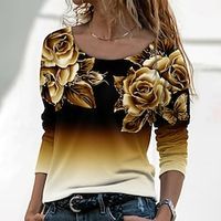 Women's T shirt Tee Black Yellow Pink Rose Color Gradient Print Long Sleeve Daily Weekend Basic Round Neck Regular Floral Painting Plus Size L miniinthebox - thumbnail