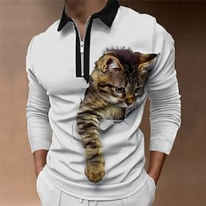 Men's Polo Shirt Golf Shirt Animal Cat Graphic Prints Turndown Black Khaki Gray 3D Print Outdoor Street Long Sleeve Zipper Print Clothing Apparel Sports Fashion Streetwear Designer Lightinthebox