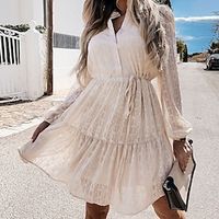 Women's A Line Dress Knee Length Dress Beige Long Sleeve Pure Color Ruched Fall Winter V Neck Casual Modern 2022 S M L miniinthebox - thumbnail