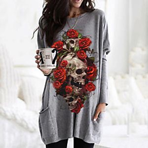 Women's Shift Dress Short Mini Dress Gray Black Long Sleeve Floral Abstract Pocket Print Fall Winter Round Neck Casual Halloween 2021 S M L XL miniinthebox