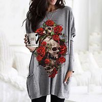 Women's Shift Dress Short Mini Dress Gray Black Long Sleeve Floral Abstract Pocket Print Fall Winter Round Neck Casual Halloween 2021 S M L XL miniinthebox - thumbnail