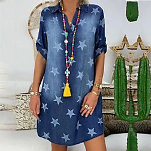 Women's Denim Shirt Dress Knee Length Dress Blue Half Sleeve Geometric Print Fall Spring V Neck Vintage 2021 S M L XL XXL Lightinthebox