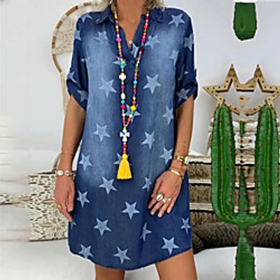 Women's Denim Shirt Dress Knee Length Dress Blue Half Sleeve Geometric Print Fall Spring V Neck Vintage 2021 S M L XL XXL Lightinthebox