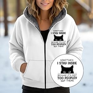 Women's Fleece Jacket Winter Coat Thermal Warm Heated Coat Windproof Teddy Coat with Hood Zipper Sherpa Fleece Lined Sweatshirt with Pocket Long Sleeve Fall White Blue Pink-Sometimes, I Stay Insiede Lightinthebox