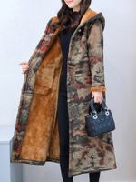 Vintage Printed Long Sleeve Hooded Thick Coat