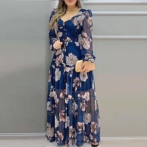 Women's Swing Dress Boho Dress Long Dress Maxi Dress Blue Long Sleeve Floral Ruched Winter Fall Autumn V Neck Winter Dress Fall Dress Loose Fit Mesh S M L XL Lightinthebox