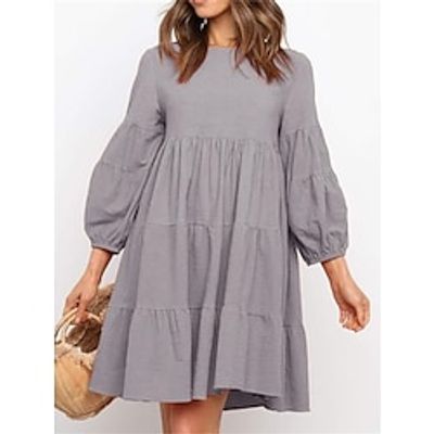Women's Casual Dress Cotton Linen Dress Swing Dress Midi Dress Linen Cotton Blend Fashion Modern Outdoor Daily Holiday Crew Neck Ruched 34 Length Sleeve Fall Winter Autumn 2023 Loose Fit Black Blue Lightinthebox