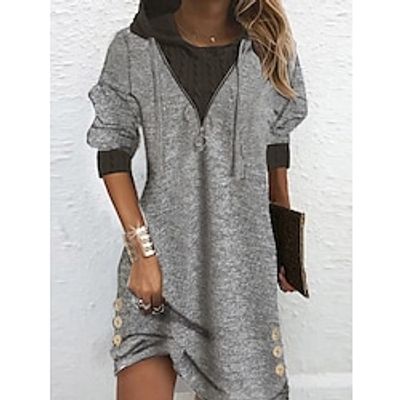Women's Hoodie Dress Winter Dress Mini Dress Dark Gray 3/4 Length Sleeve Pure Color Ruched Button Winter Fall Hooded Stylish Casual 2022 S M L XL XXL 3XL miniinthebox