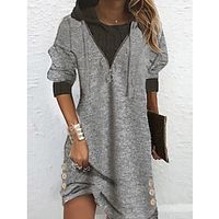 Women's Hoodie Dress Winter Dress Mini Dress Dark Gray 3/4 Length Sleeve Pure Color Ruched Button Winter Fall Hooded Stylish Casual 2022 S M L XL XXL 3XL miniinthebox - thumbnail