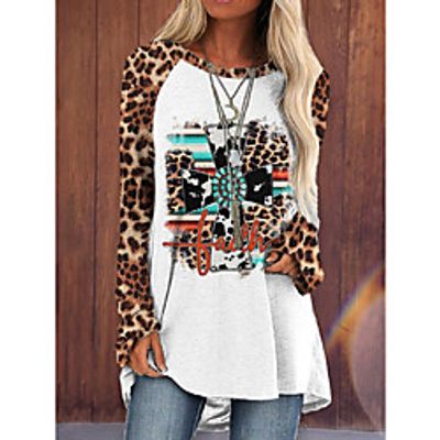Women's Bohemian Theme Geometric T shirt Tribal Leopard Print Round Neck Ethnic Vintage Boho Tops Gray / 3D Print miniinthebox