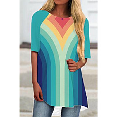 Women's T Shirt Dress Tee Dress Short Mini Dress Blue Half Sleeve Color Gradient Geometric Print Spring Summer Round Neck Casual 2021 S M L XL XXL 3XL Lightinthebox