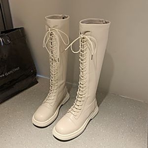 Women's Boots Flat Heel Round Toe Knee High Boots Daily PU Solid Colored Black Beige Lightinthebox
