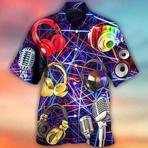 Men's Shirt Summer Hawaiian Shirt Graphic Prints Music Guitar Cuban Collar Yellow Light Green Black / Brown Purple Green Casual Holiday Short Sleeve Button-Down Print Clothing Apparel Sports Fashion miniinthebox