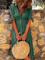 V-neck Solid Color Cotton And Linen Midi Dress