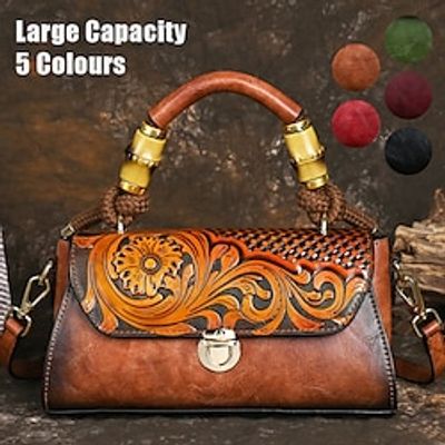 Women's Handbag Crossbody Bag Shoulder Bag Boston Bag PU Leather Party Daily Holiday Buckle Zipper Embossed Large Capacity Lightweight Durable Color Block Flower Folk Retro black Retro Brown Rich Lightinthebox