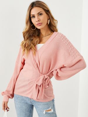 YOINS Handmade Beaded Details Wrap Design V-neck Long Sleeves Ribbed Knitwear YOINS Handmade Beaded Details Wrap Design V-neck Long Sleeves Ribbed Knitwear