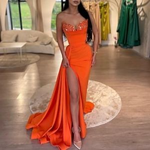 Mermaid  Trumpet Evening Gown Sparkle  Shine Dress Wedding Court Train Sleeveless Strapless Charmeuse with Ruched Slit 2023 Lightinthebox
