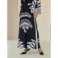 Satin Wide Leg Printing Black Pants - thumbnail