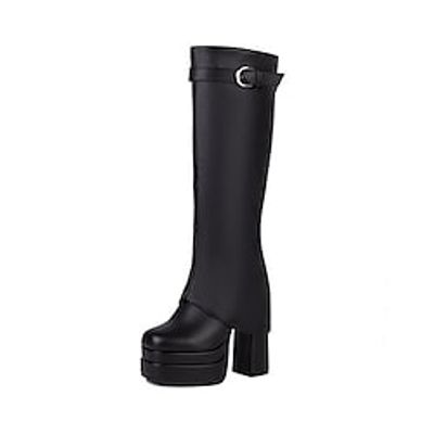 Women's Boots Daily Knee High Boots Winter Chunky Heel Square Toe Minimalism PU Leather Zipper Solid Colored Black White Red miniinthebox