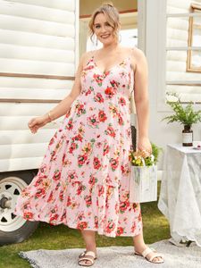 YOINS Plus Size V-neck Floral Print Elastic Strap Sleeveless Maxi Dress