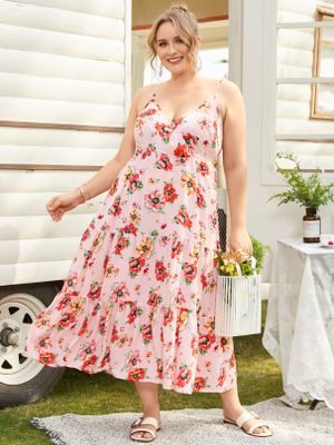 YOINS Plus Size V-neck Floral Print Elastic Strap Sleeveless Maxi Dress