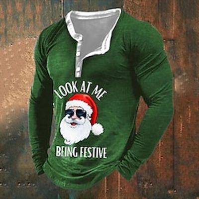 Graphic Santa Claus Fashion Daily Casual Men's 3D Print Henley Shirt Casual Holiday Going out Christmas T shirt Black Red  White Green Long Sleeve Henley Shirt Spring   Fall Clothing Apparel S M L Lightinthebox