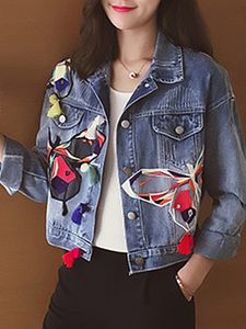 Single-breasted butterfly-embroidered denim jacket