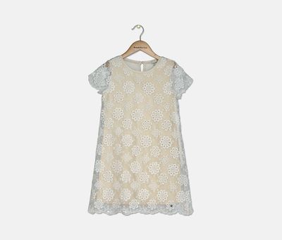 Kids Girl Floral Pattern Dress  White/Gold