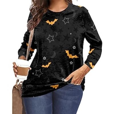 Women's Plus Size Tops Pullover Sweatshirt Moon Bat Patchwork Print Long Sleeve Crewneck Casual Daily Going out Polyester Fall Winter Black Lightinthebox
