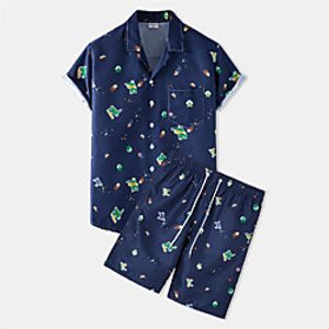Men's Shirt Suits Shirt Dinosaur Button-Down Short Sleeve Casual Tops Cotton Casual Fashion Hawaiian Breathable Navy Blue miniinthebox