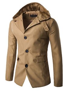 Hooded Flap Pocket Single Breasted Vented Plain Men Coat