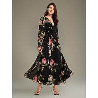 Chiffon Wedding Guest Floral Ruched V Neck Maxi Ascot Dress Wedding Guest Dress