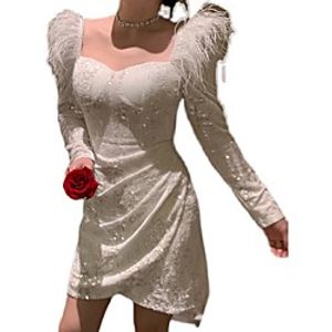 Women's Bodycon Short Mini Dress White Long Sleeve Pure Color Sequins Tassel Fringe Ruched Spring Square Neck Stylish Work Casual 2021 S M L Lightinthebox