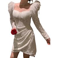 Women's Bodycon Short Mini Dress White Long Sleeve Pure Color Sequins Tassel Fringe Ruched Spring Square Neck Stylish Work Casual 2021 S M L Lightinthebox - thumbnail