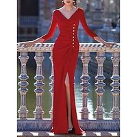 Sheath  Column Evening Gown Elegant Dress Formal Floor Length Christmas Red Green Dress 34 Length Sleeve V Neck Stretch Chiffon with Pleats Ruched Slit 2023 Lightinthebox - thumbnail